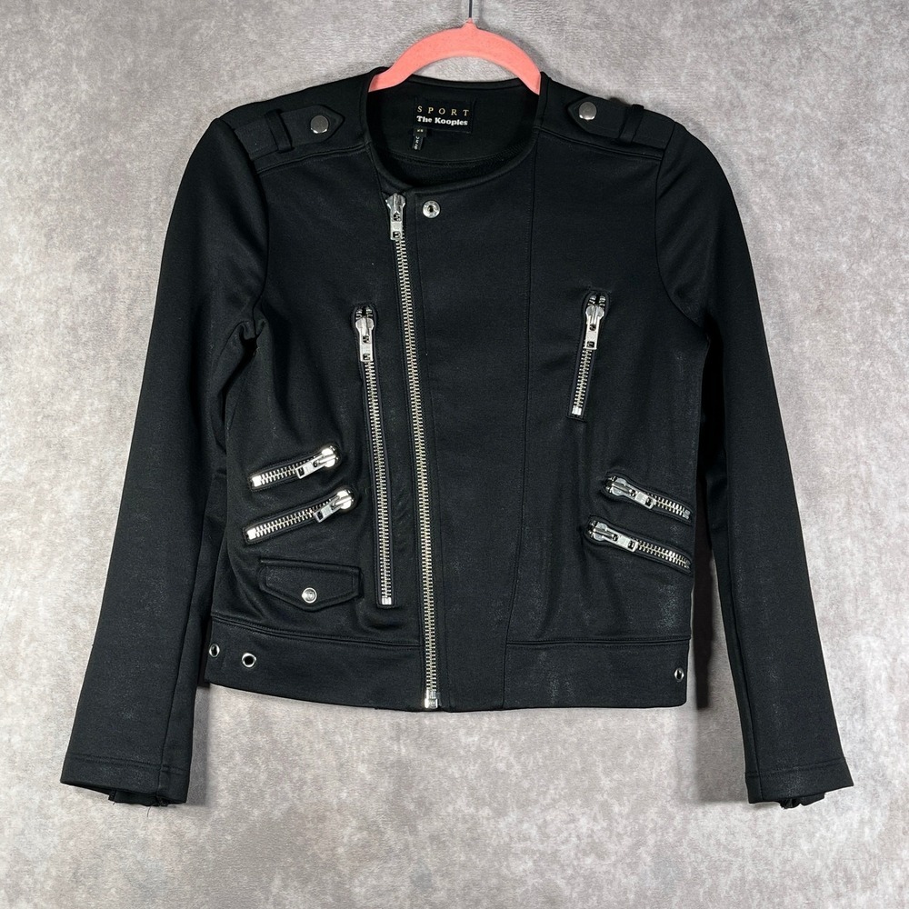 The Kooples Sport Moto Jacket Womens Size XS Black Biker Cropped Edgy Pockets‎